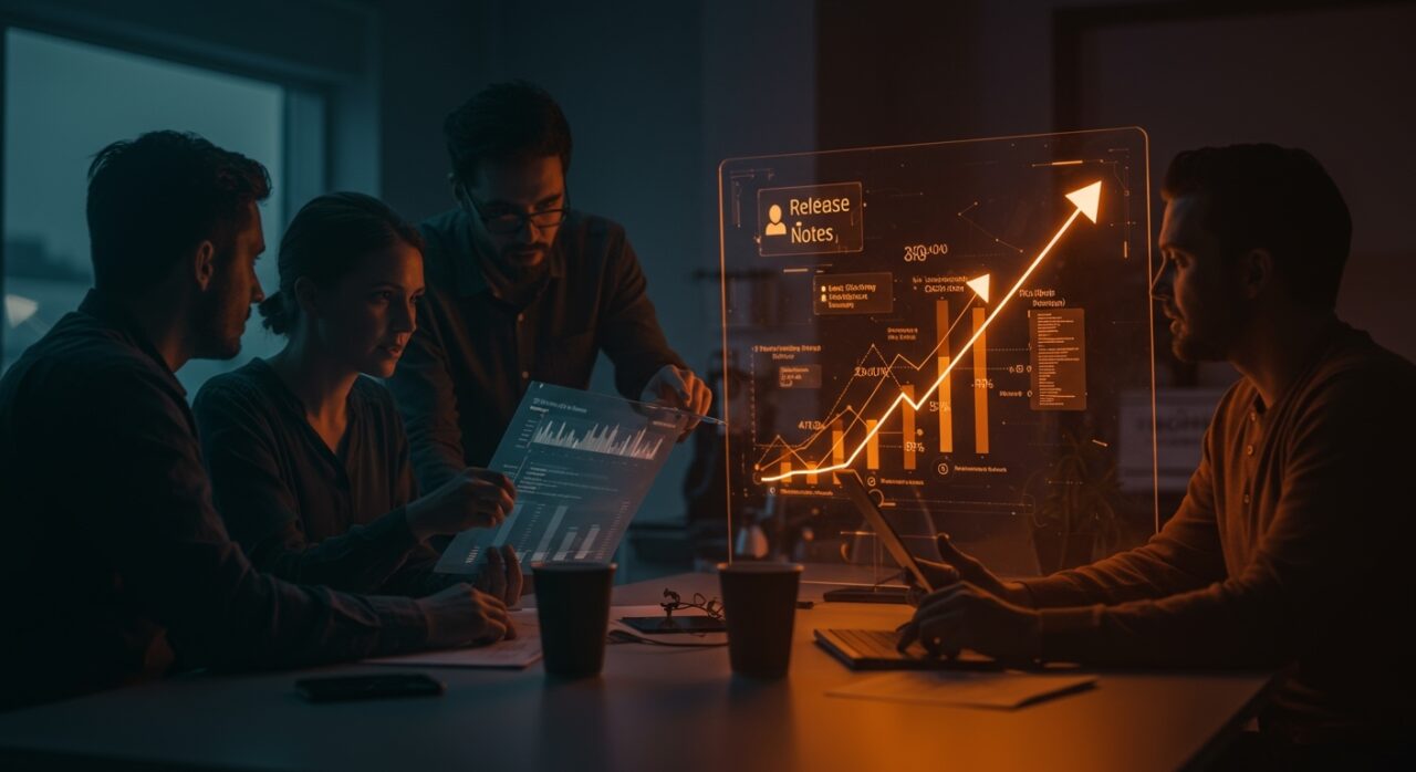 Founders de SaaS revisando notas de lanzamiento digitales, representando mejores prácticas en comunicación técnica y gestión ágil de productos.