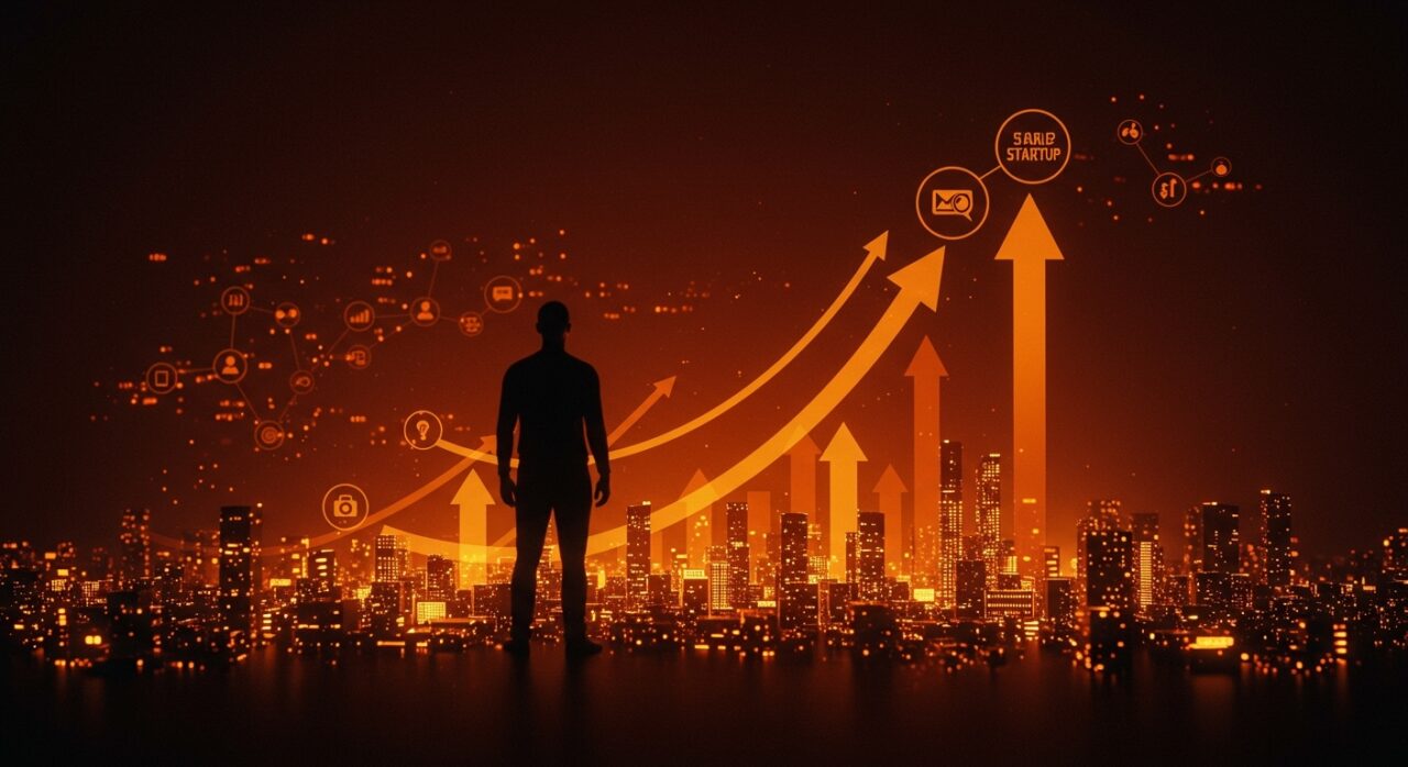 Fundador observando un paisaje tecnológico futurista que simboliza la continuidad de The Next Web y el futuro del ecosistema tech.