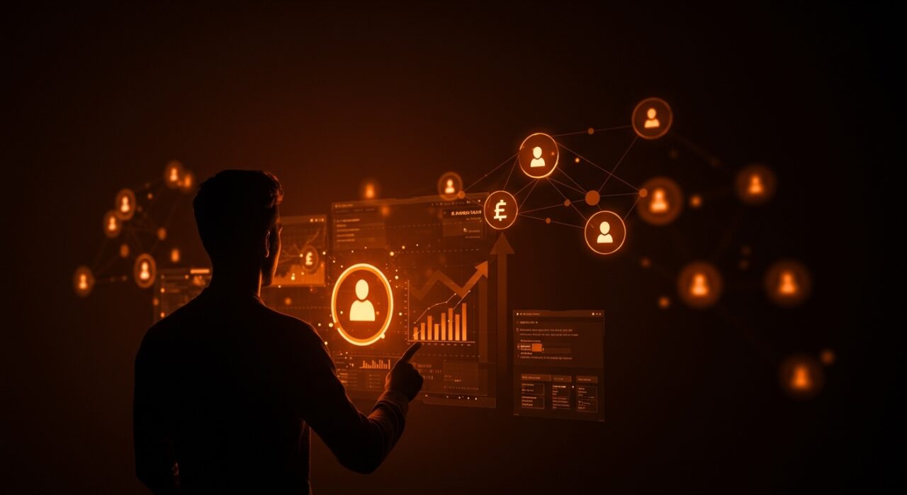 Innovadora propuesta de la Reserva Federal para cuentas maestras en fintech y cripto, simbolizada por un líder startup frente a interfaces digitales con metáforas de inclusión bancaria y regulación financiera.