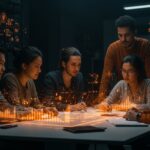 Fundadores de startups tecnológicas colaborando con ética en IA y modelos sostenibles SaaS durante crisis económica, en un entorno digital innovador.