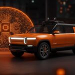 Vehículo autónomo Rivian con silicio personalizado y sensores lidar propios, simbolizando innovación en autonomía vehicular y robotaxis.