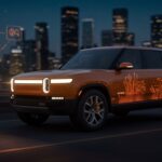 Rivian integrando inteligencia artificial en vehículos eléctricos mostrando un auto futurista con interfaz AI en un entorno urbano moderno.