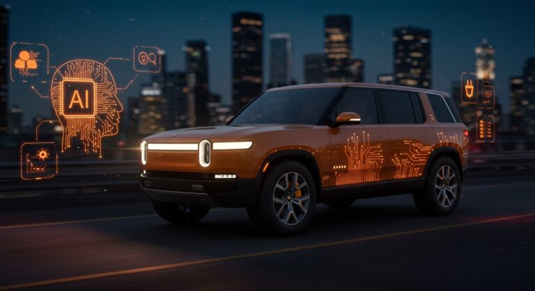 Rivian integrando inteligencia artificial en vehículos eléctricos mostrando un auto futurista con interfaz AI en un entorno urbano moderno.