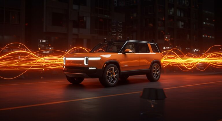 Vehículo eléctrico Rivian en conducción manos libres destacando innovación en software automotriz y movilidad avanzada.