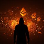 Representación visual de robos de criptomonedas en 2025 con hacker y cadenas digitales rotas simbolizando ciberseguridad y ataques en el mercado crypto.