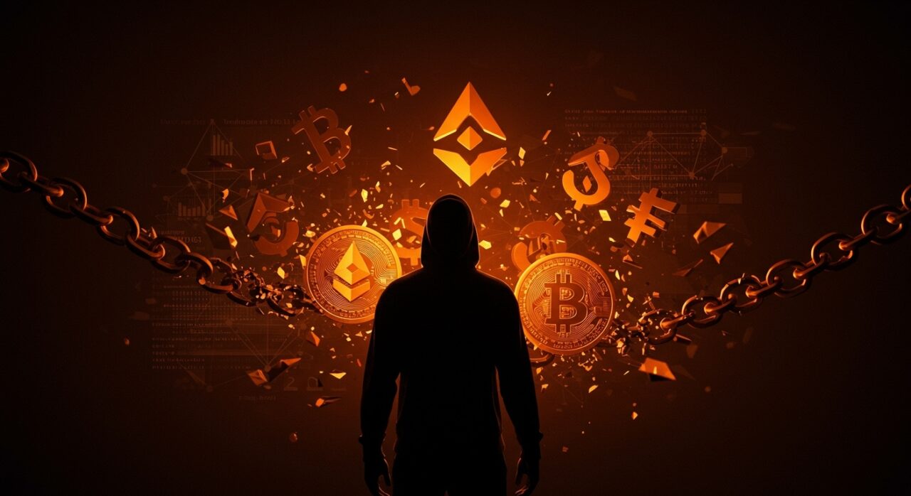 Representación visual de robos de criptomonedas en 2025 con hacker y cadenas digitales rotas simbolizando ciberseguridad y ataques en el mercado crypto.