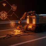 Robot de reparación de carreteras con IA aplicando tecnología sostenible y captura de carbono en innovación vial.