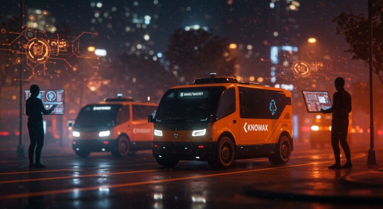 Robotaxis autónomos KnoWay en GTA Online con vigilancia digital y tendencias tecnológicas en gaming.