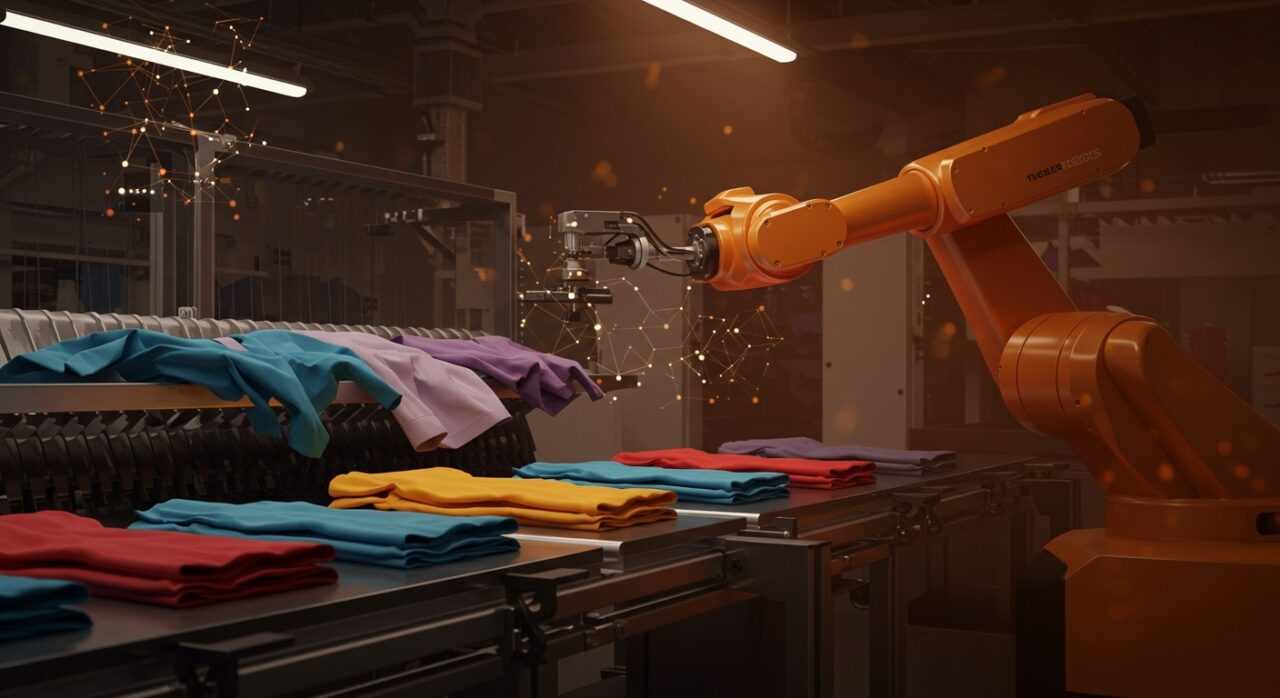Robot inteligente doblando ropa en una fábrica automatizada, simbolizando la automatización textil con IA de Theker Robotics e Inditex.