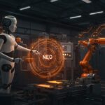 Robots humanoides NEO integrados en fábricas modernas mostrando automatización industrial y tecnología robótica aplicada.