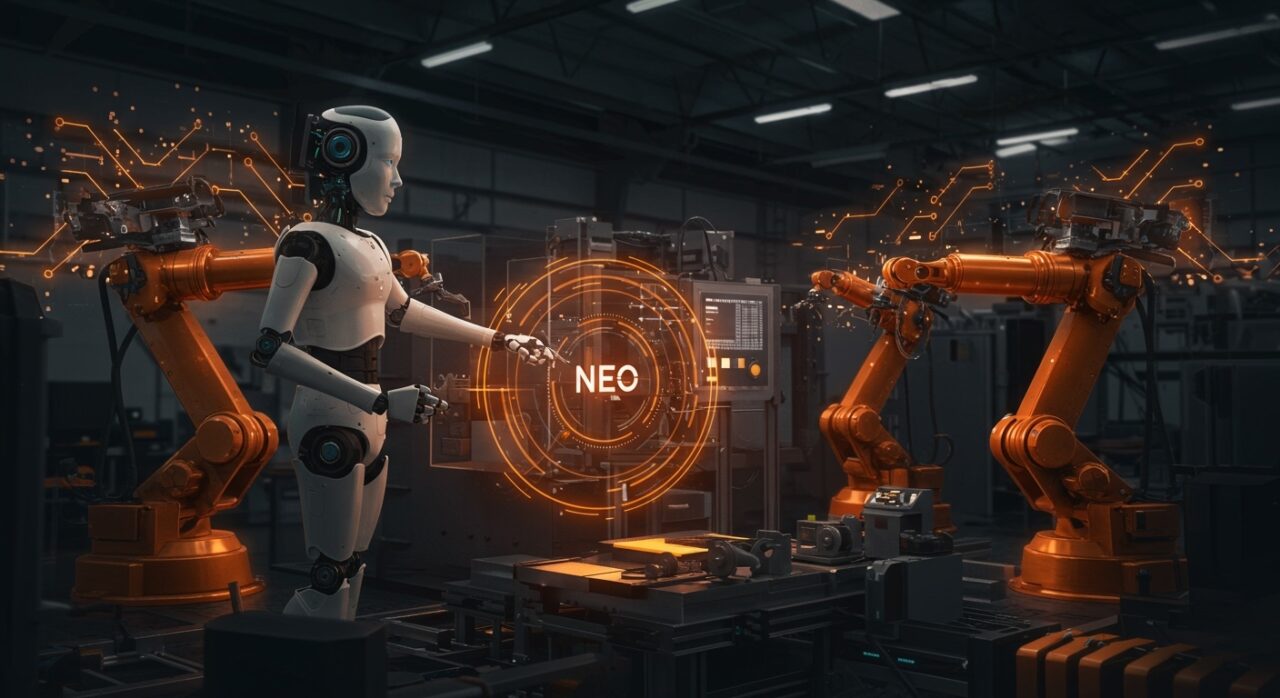 Robots humanoides NEO integrados en fábricas modernas mostrando automatización industrial y tecnología robótica aplicada.