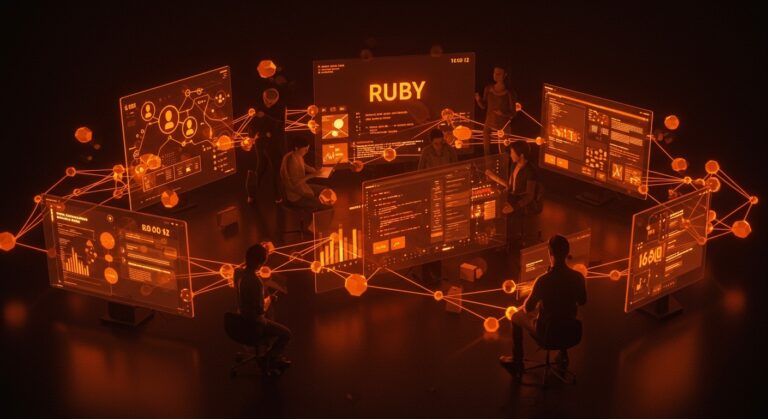 Colaboración de fundadores tech y desarrolladores en un entorno digital interactivo que representa la comunidad y el ecosistema Ruby actualizado.