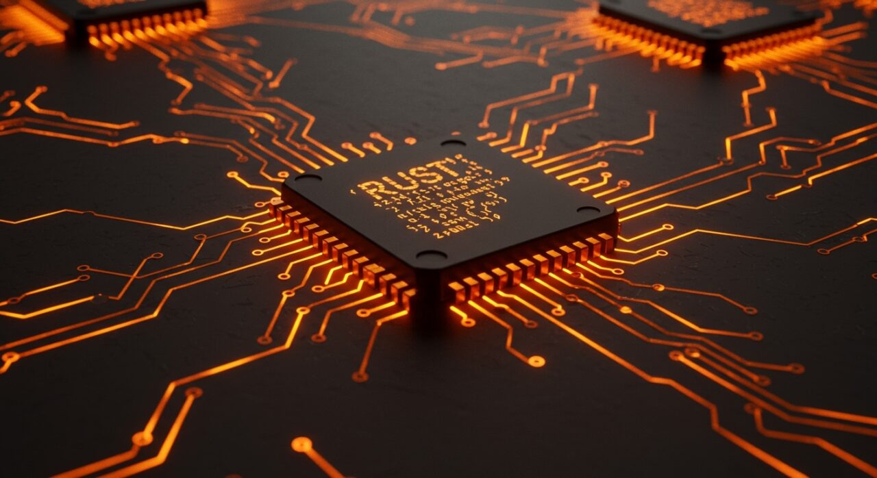 Integración del lenguaje Rust en el kernel Linux representada con código luminoso y metálico en paleta naranja y negro para tendencias tecnológicas en LATAM.