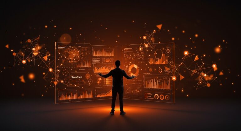 Fundador tecnológico frente a panel digital interactivo mostrando crecimiento en IA empresarial y automatización con nuevos clientes de Salesforce.