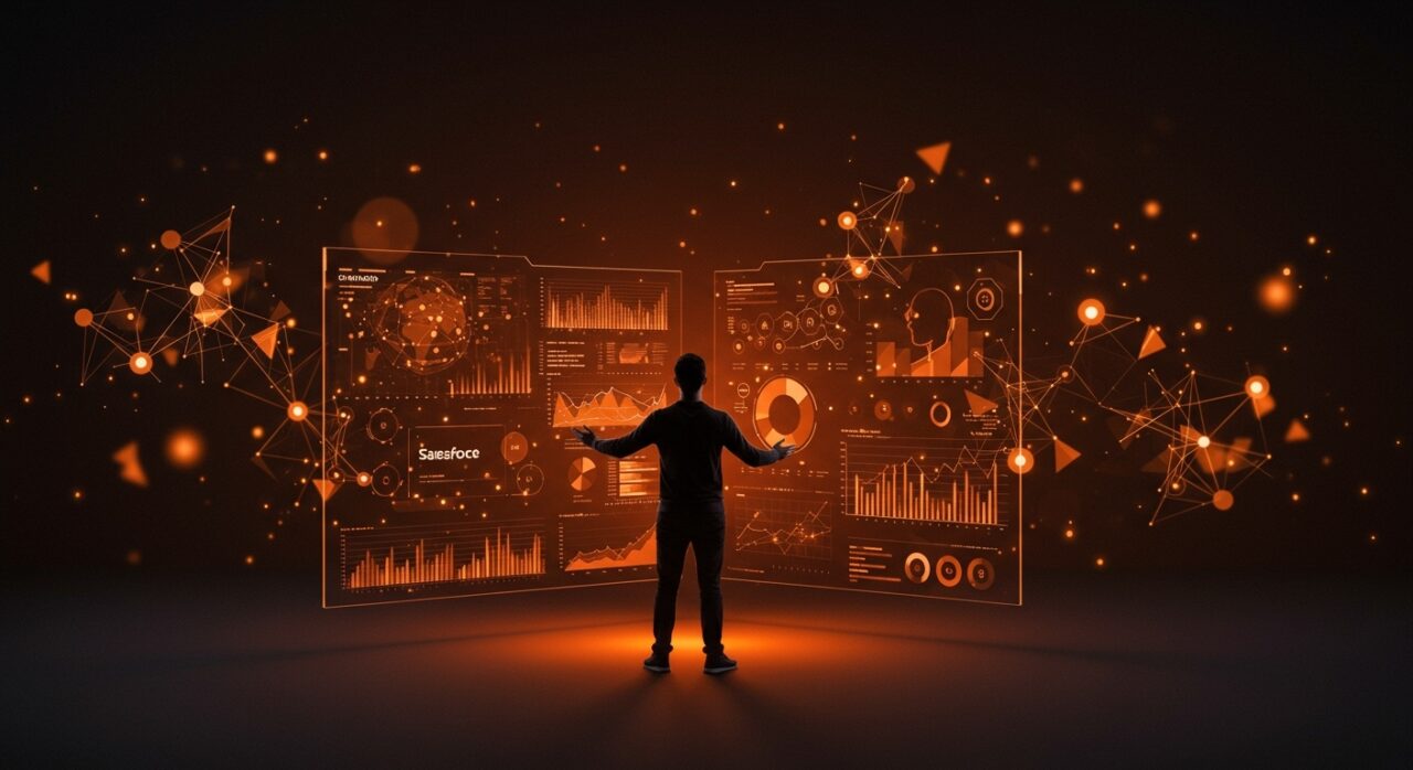 Fundador tecnológico frente a panel digital interactivo mostrando crecimiento en IA empresarial y automatización con nuevos clientes de Salesforce.