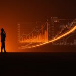 Silueta de CEO de fintech contemplando estrategia e IPO con motivos visuales de funding y crecimiento en paleta naranja y negro.