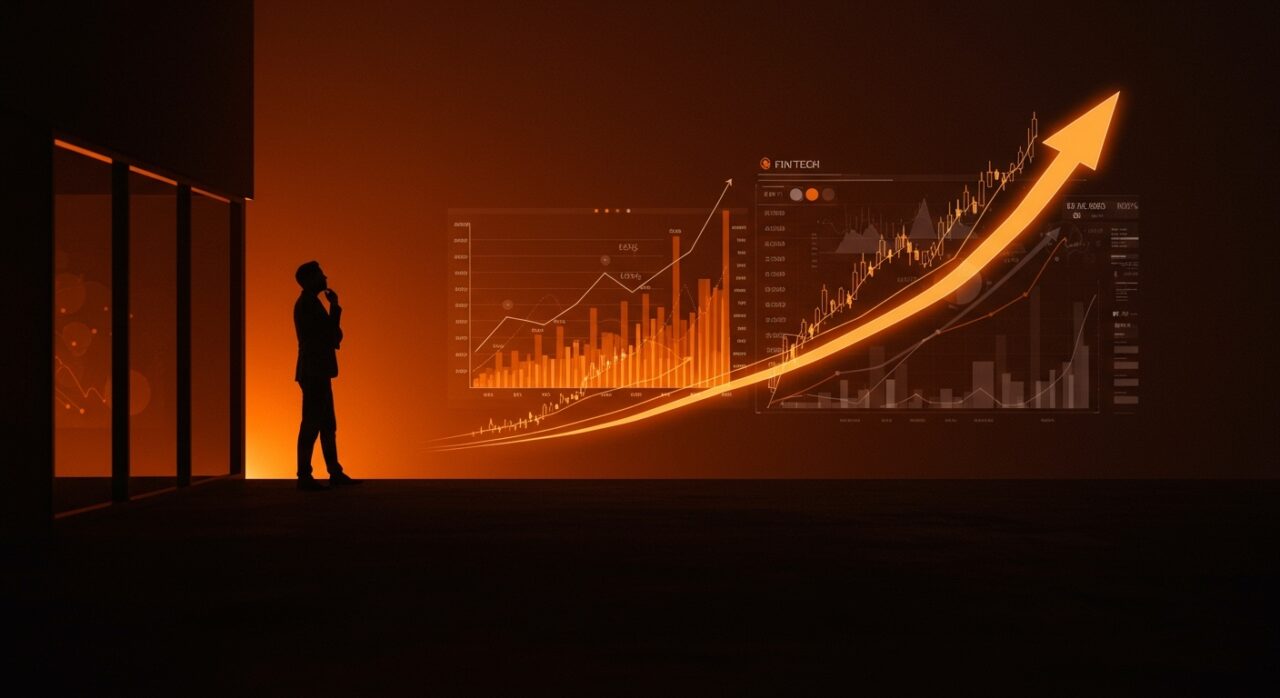 Silueta de CEO de fintech contemplando estrategia e IPO con motivos visuales de funding y crecimiento en paleta naranja y negro.