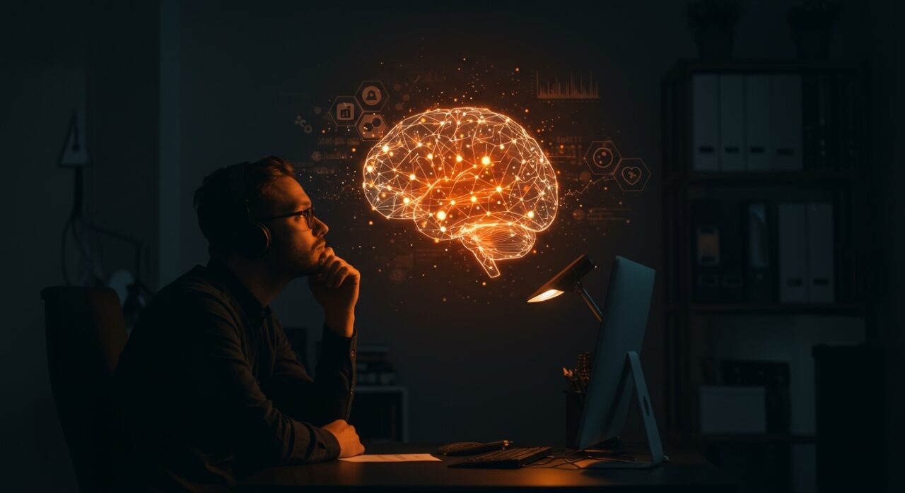 Founder reflexionando sobre salud mental y sobrediagnóstico en startups con metáforas visuales de estrés y diagnóstico en naranja y negro.