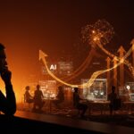 Satya Nadella reflexionando sobre inteligencia artificial y startups en Microsoft con metáforas visuales de liderazgo y estrategia tech.