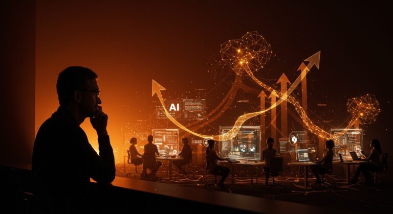 Satya Nadella reflexionando sobre inteligencia artificial y startups en Microsoft con metáforas visuales de liderazgo y estrategia tech.