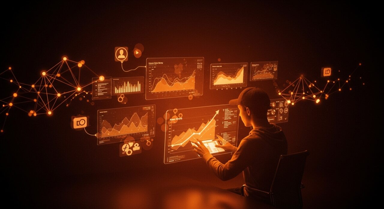 Creador digital interactuando con datos de engagement y calidad de contenido en social media, ilustrando las tendencias de marketing digital en 2025.