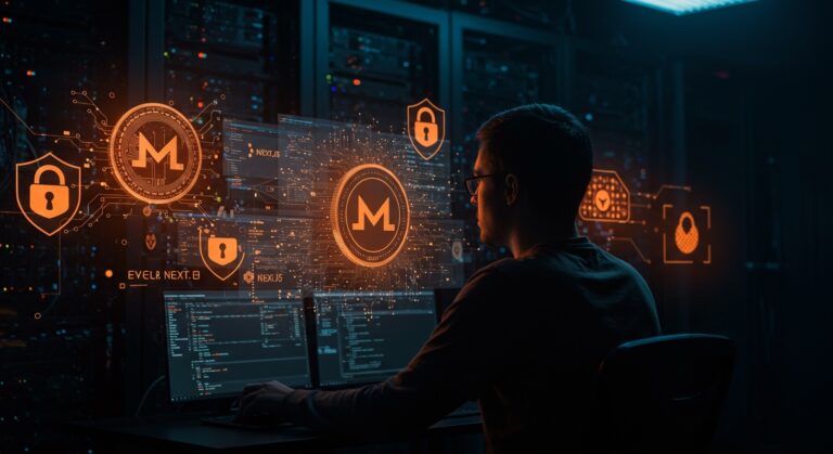 Seguridad en contenedores SaaS destacando la amenaza de cryptomining Monero y la vulnerabilidad CVE-2025-66478 con enfoque en Next.js y Docker.