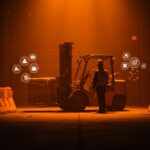 Escena industrial con CEO y montacargas resaltando seguridad laboral y gestión de riesgos tras accidente fatal en startup de manufactura.