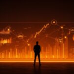 Líder de Sequoia Capital analizando gráficos de inversión en venture capital y ecosistema startup en tonos naranja y negro.