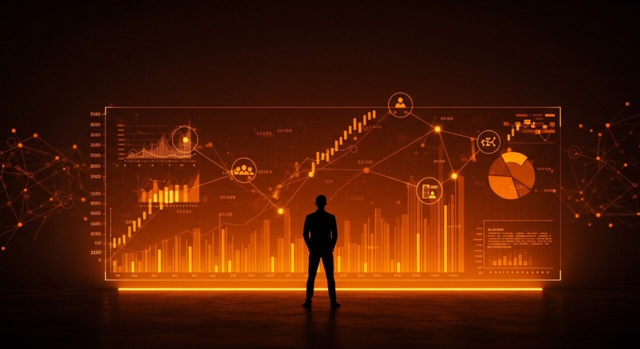 Líder de Sequoia Capital analizando gráficos de inversión en venture capital y ecosistema startup en tonos naranja y negro.