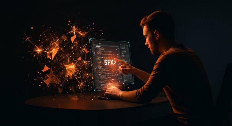 Desarrollador interactuando con interfaz holográfica que representa el lenguaje de programación avanzado SFX, con metáforas visuales de IA aplicada y compilación JIT enfocado en innovación tecnológica.