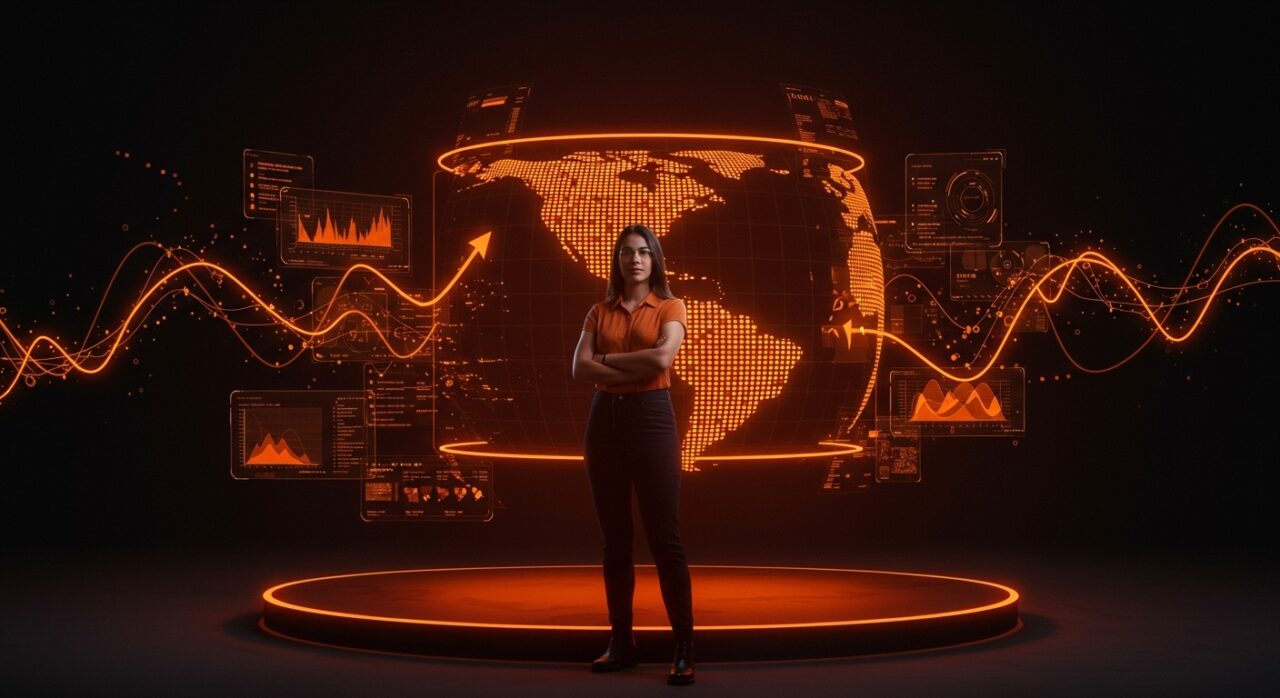 Fundadora de fintech chilena Sheriff frente a mapa digital de Latinoamérica, simbolizando expansión regional y crecimiento con inteligencia artificial.