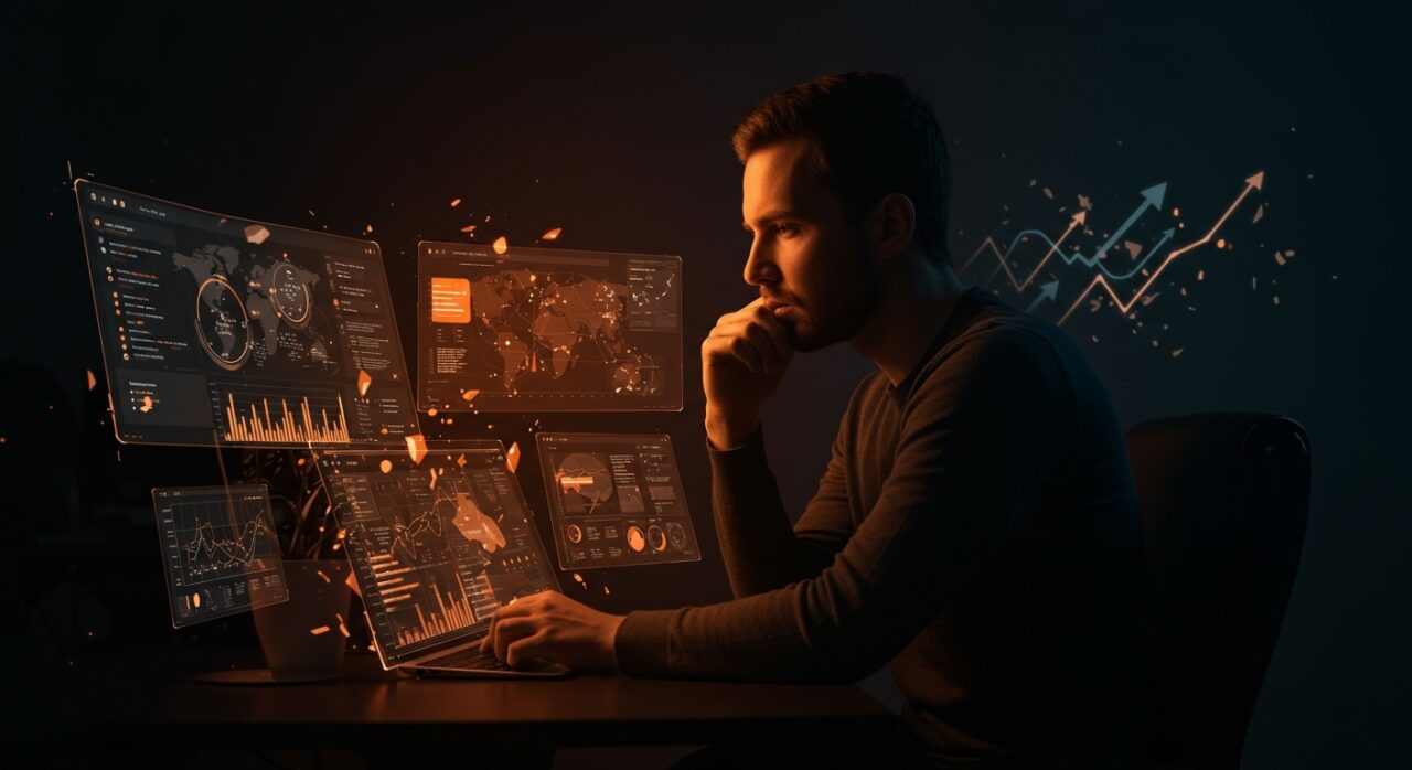 Founder ecommerce analizando datos durante la caída de Shopify en Cyber Monday, impacto y aprendizajes en comercios SaaS.