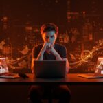 Periodismo joven y cultura startup de Silicon Valley representados con símbolos de innovación y flujos de inversión en tonos naranja y negro.