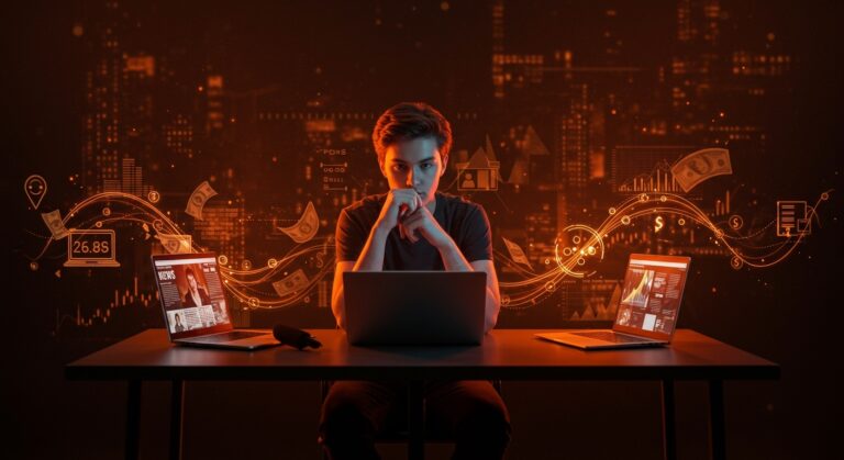 Periodismo joven y cultura startup de Silicon Valley representados con símbolos de innovación y flujos de inversión en tonos naranja y negro.