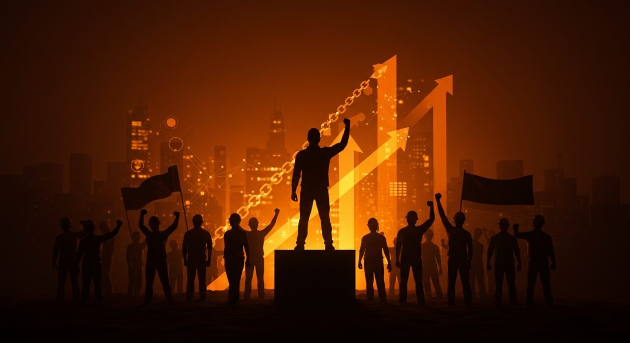 Liderazgo sindical y sindicatos unidos promoviendo la democracia laboral en un mercado moderno y justo.