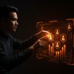 Sistema de permisos escalables para SaaS empresarial ilustrado con estructuras digitales y metáforas de seguridad y optimización.