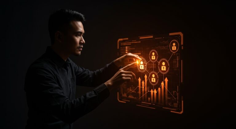 Sistema de permisos escalables para SaaS empresarial ilustrado con estructuras digitales y metáforas de seguridad y optimización.