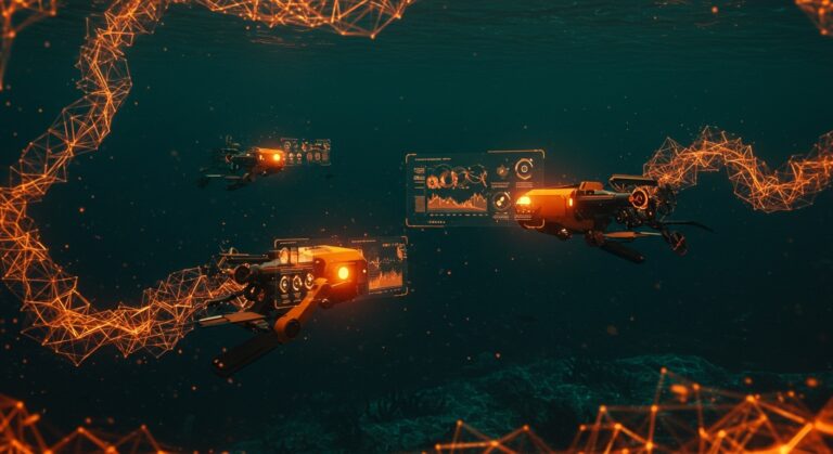 Robótica subacuática avanzada con inteligencia artificial colaborativa en ambiente tecnológico innovador.