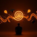 Liderazgo startup e innovación representados por una figura contemplativa con símbolos de lentitud, creatividad e inteligencia en tonos naranja y negro.