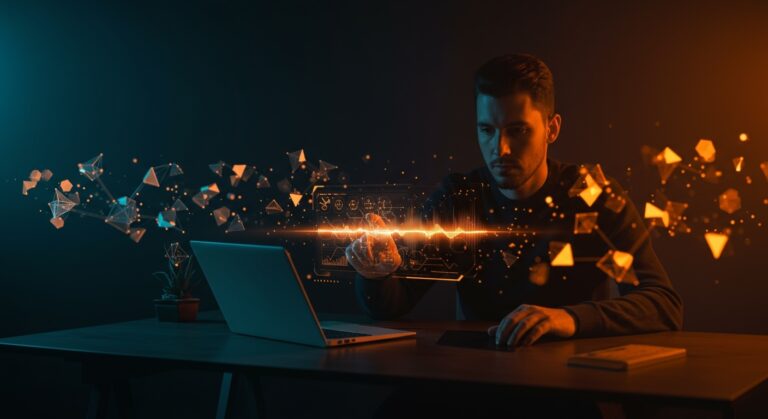 Visualización de reducción de dimensionalidad con SLR en IA, mostrando interfaz holográfica en ambiente tecnológico con paleta naranja y negra.