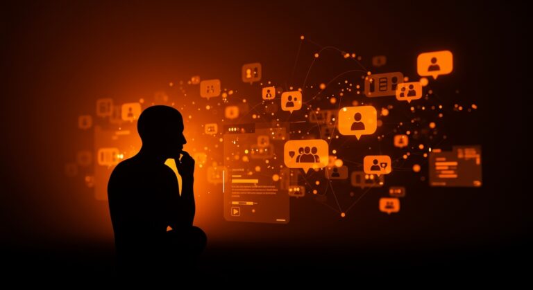 Usuario contemplando la sobreestimación del contenido dañino en redes sociales, ilustrando la percepción pública y su impacto en estrategias de startups.