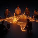 Startup founders colaborando en un mapa digital de Latinoamérica, simbolizando la innovación y el ecosistema de startups en South Summit Brazil 2026.