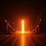 Ilustración de cohete de SpaceX ascendiendo en un entorno digital abstracto, simbolizando su liderazgo en valoración startup en EE.UU. frente a OpenAI.