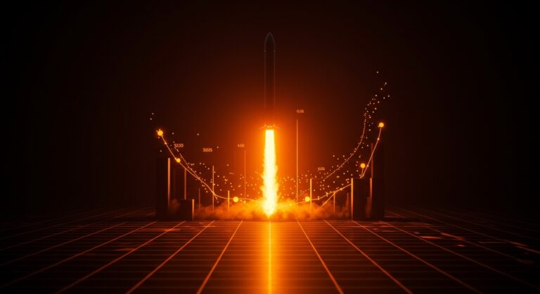 Ilustración de cohete de SpaceX ascendiendo en un entorno digital abstracto, simbolizando su liderazgo en valoración startup en EE.UU. frente a OpenAI.