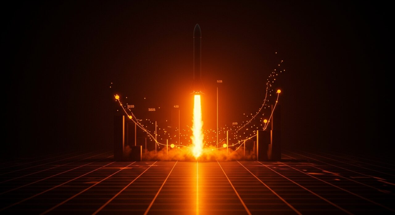 Ilustración de cohete de SpaceX ascendiendo en un entorno digital abstracto, simbolizando su liderazgo en valoración startup en EE.UU. frente a OpenAI.