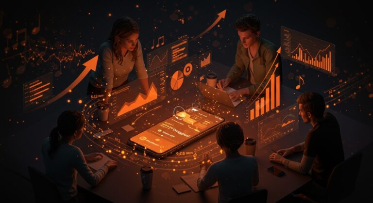 Equipo startup analizando métricas de engagement masivo en Spotify Wrapped 2025, tendencias de marketing de producto y crecimiento digital.