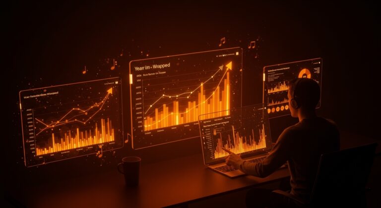 Visualización estilo Spotify Wrapped mostrando análisis de retención y tendencias para startups tecnológicas en marketing digital y experiencia de usuario.