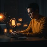 Desarrollador usando SQLite AI para apps inteligentes offline y edge con visualización de redes neuronales y sincronización de datos.