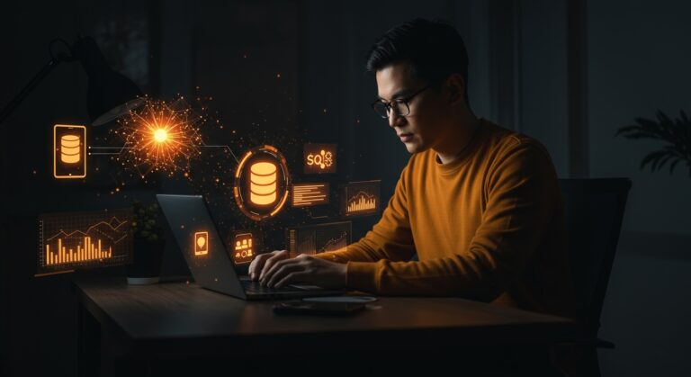 Desarrollador usando SQLite AI para apps inteligentes offline y edge con visualización de redes neuronales y sincronización de datos.