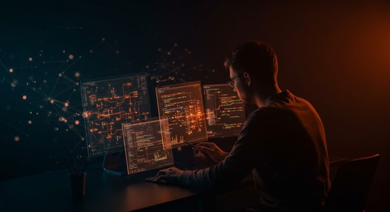 Desarrollador analizando esquemas digitales que representan testing avanzado para garantizar la calidad en SQLite como base de datos embebida.